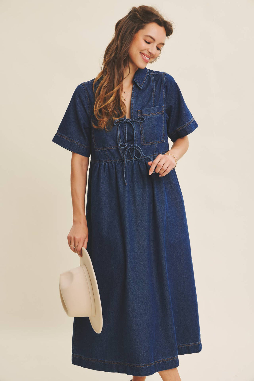 Dark Denim Washed Babydoll Midi Dress with Bow