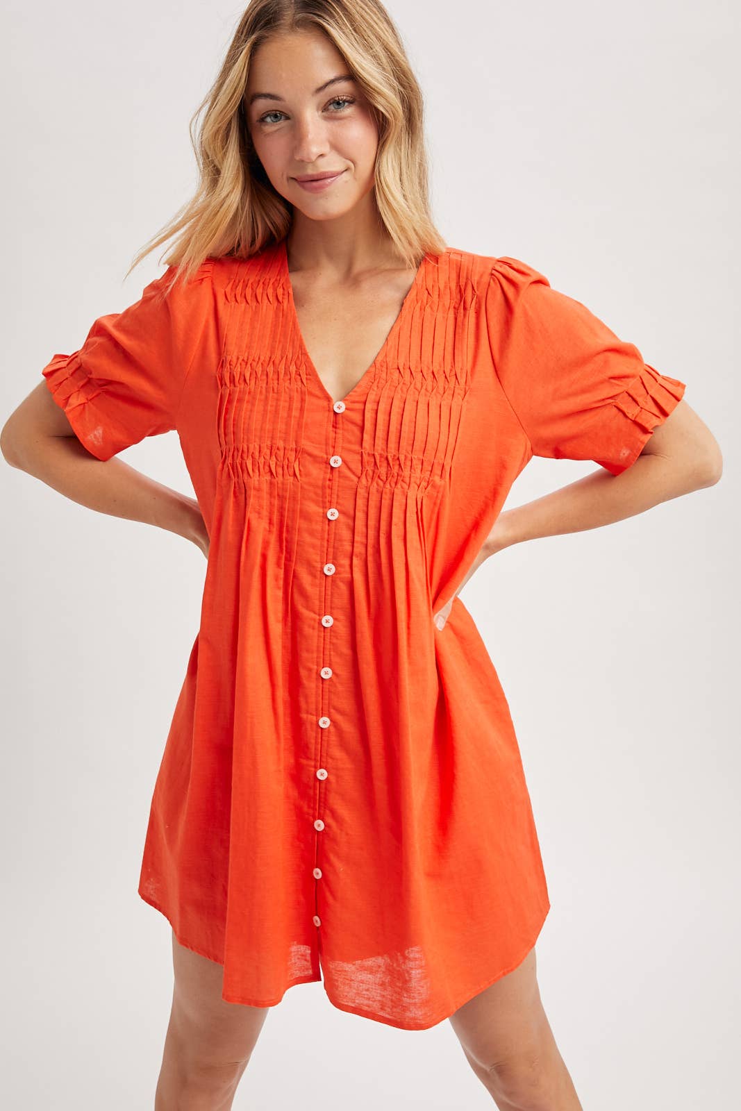 Pleated Button-Up Mini Dress