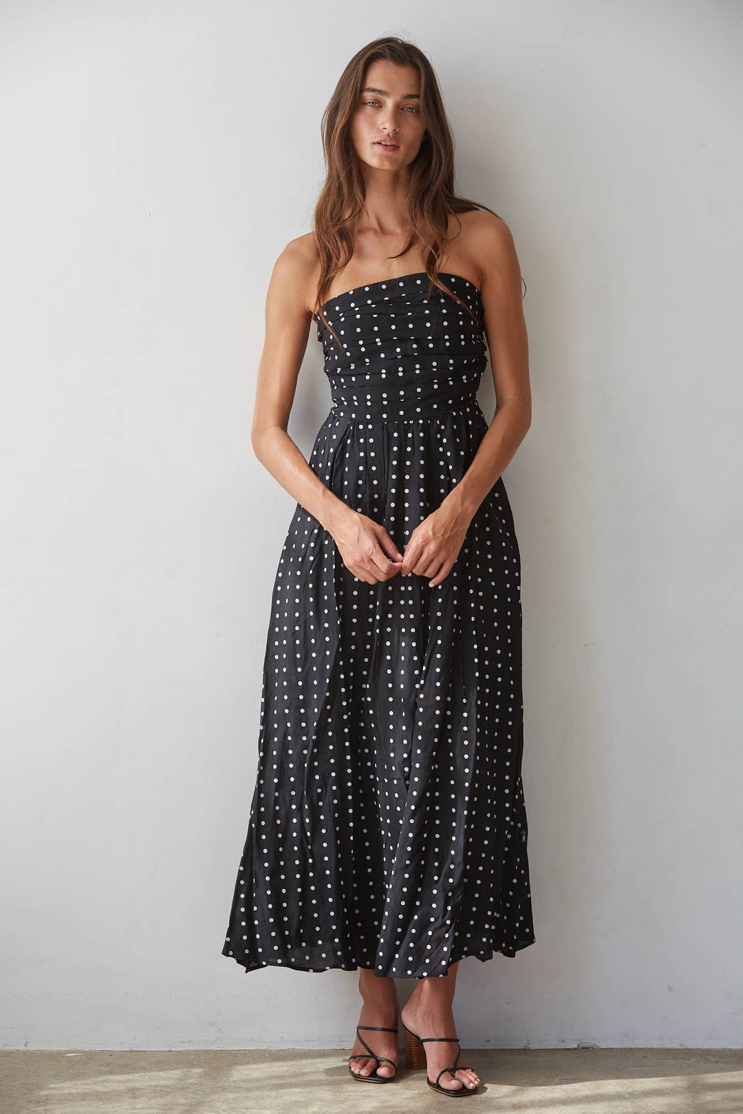 Black &amp; White Polka Dot Strapless Midi