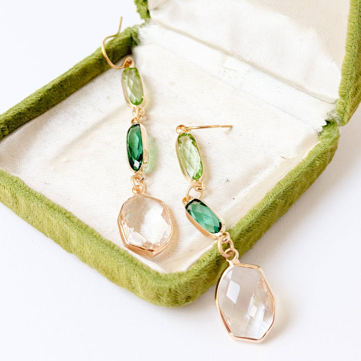 Green Clear Faceted Glass Dangle Earrings