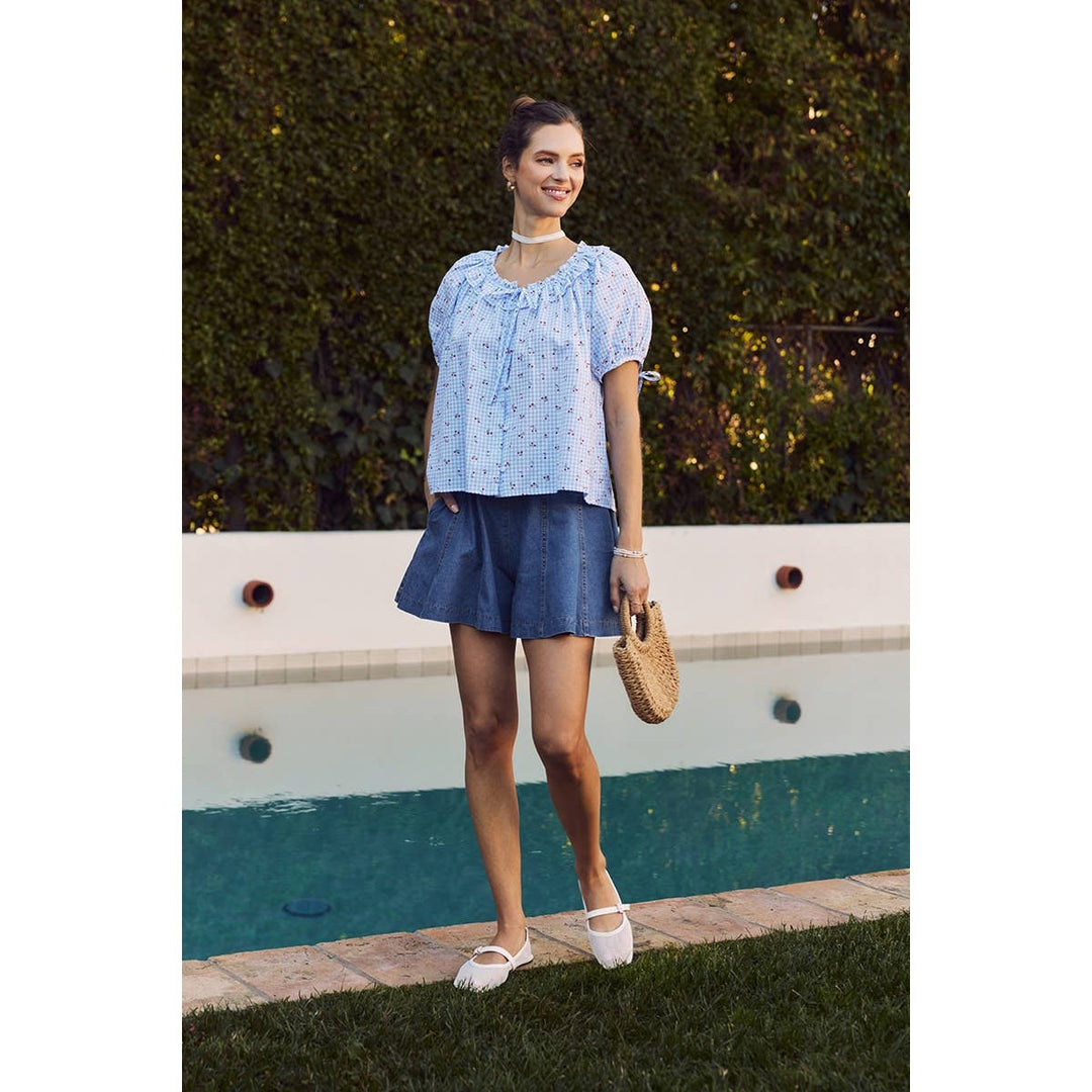 Summer Cherry Gingham Ruffled Blouse