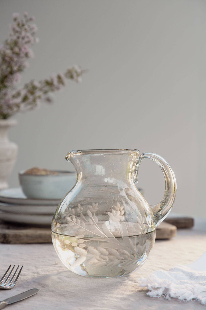 Hand-Etched Blown Large Pitcher