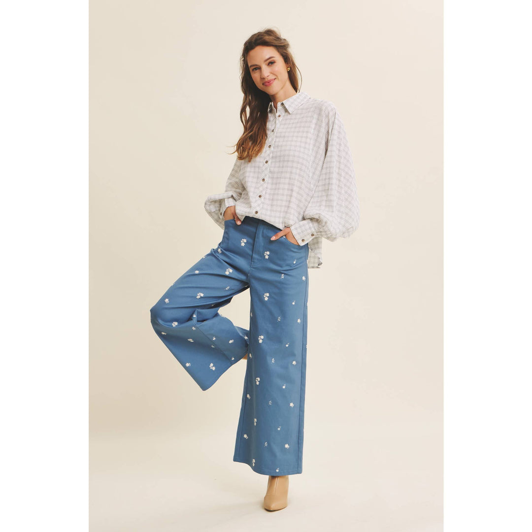 Embroidery Wide Leg Pants in Steel Blue