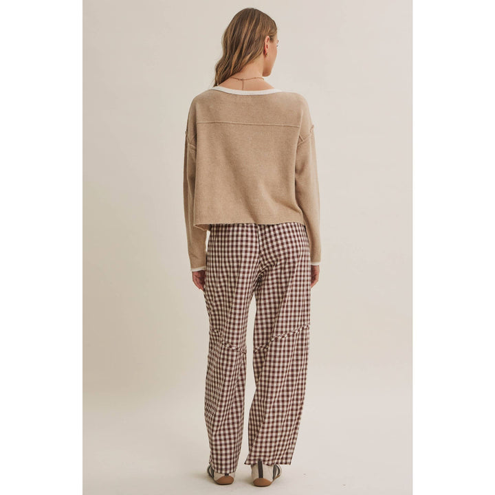 Relaxed Gingham Cotton Barrel Pants in Chocolate