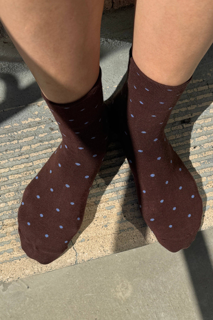 Polka Dot Sneaker Socks in Cacao/Blue