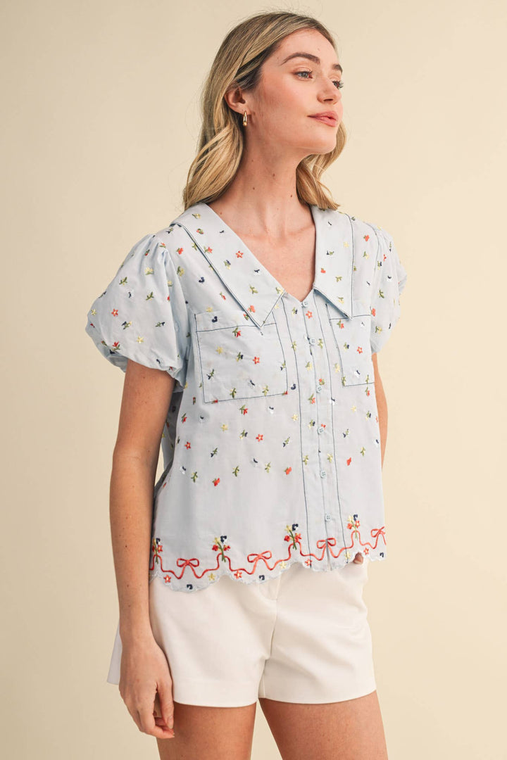 Embroidered Floral Bubble Sleeve Button Down in Baby Blue