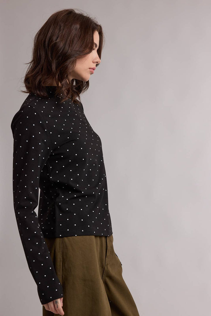 Long Sleeve Polka Dot Mock Neck Top
