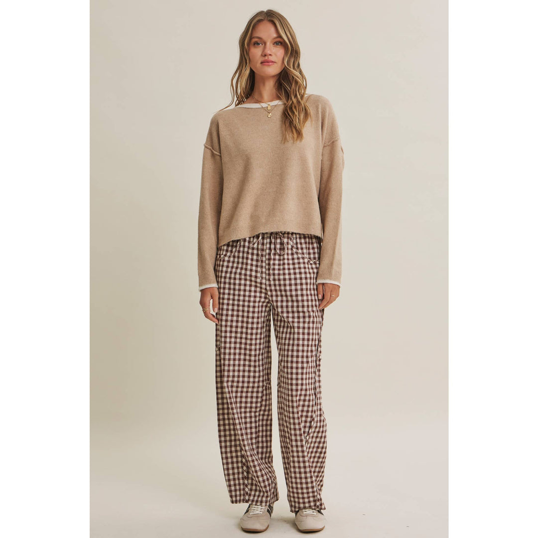 Relaxed Gingham Cotton Barrel Pants in Chocolate