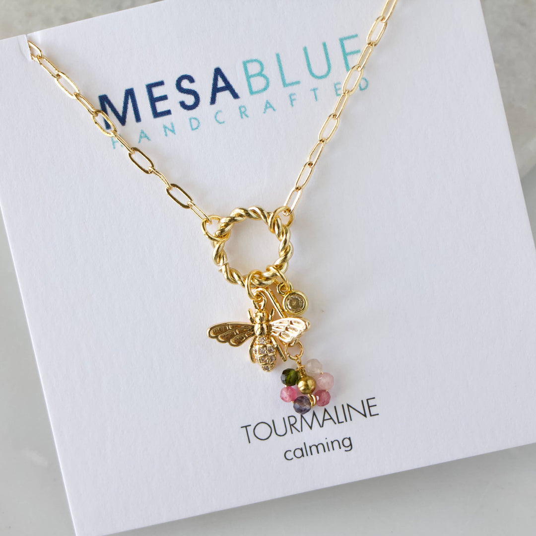 Tourmaline Flower CZ Queen Bee Charm Necklace  