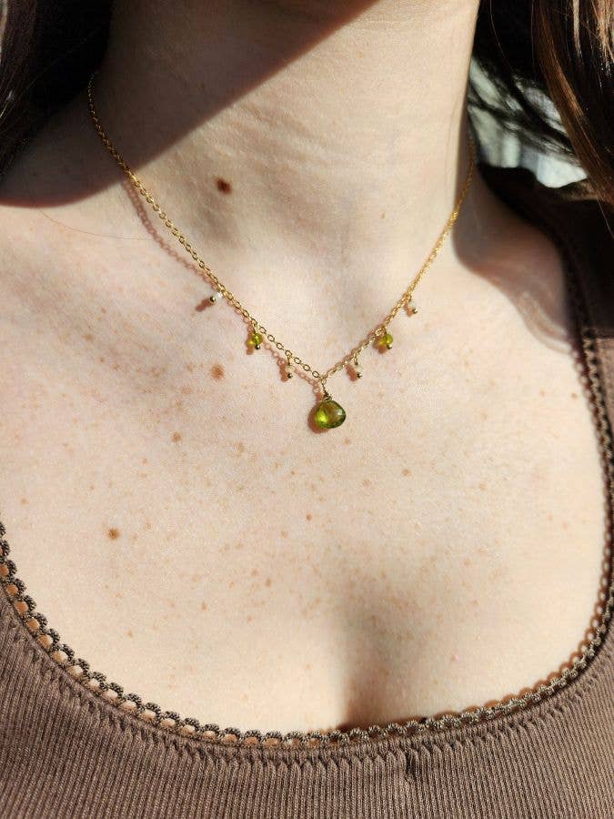 Peridot and Cream Crystal Gold Fringe Necklace