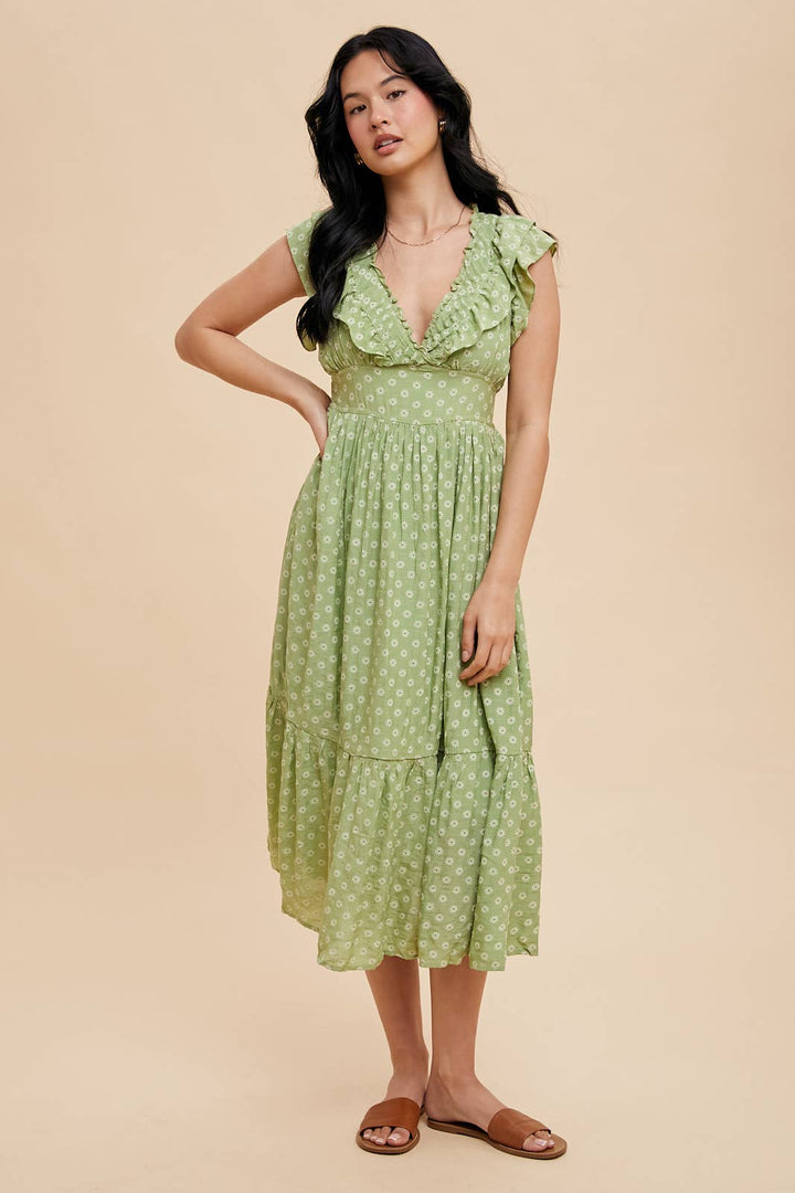Ruffle V-Neck Midi Dress in Green Tea
