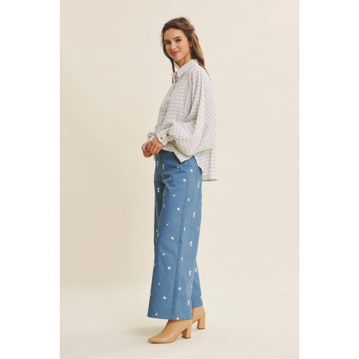 Embroidery Wide Leg Pants in Steel Blue