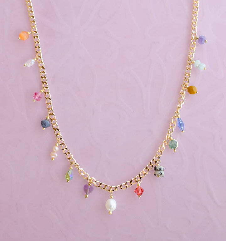 Multicharm Beaded Necklace on Curb Chain