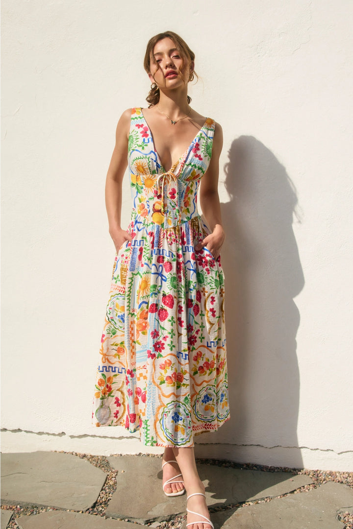 Summer Picnic Midi Dress with Corset Bodice