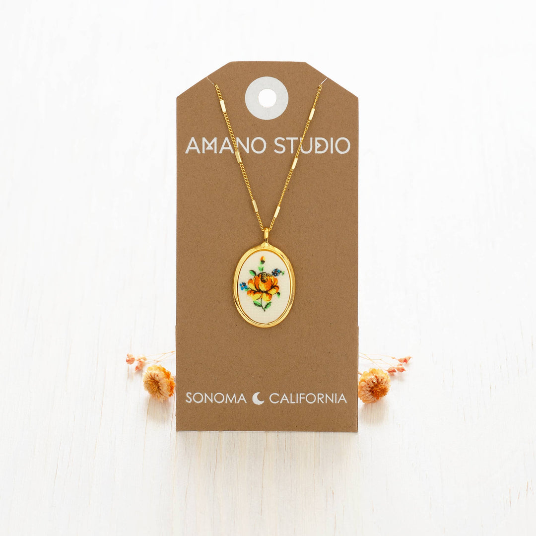 Needlepoint Flower Vintage Cameo Necklace