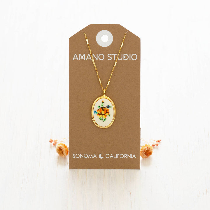 Needlepoint Flower Vintage Cameo Necklace