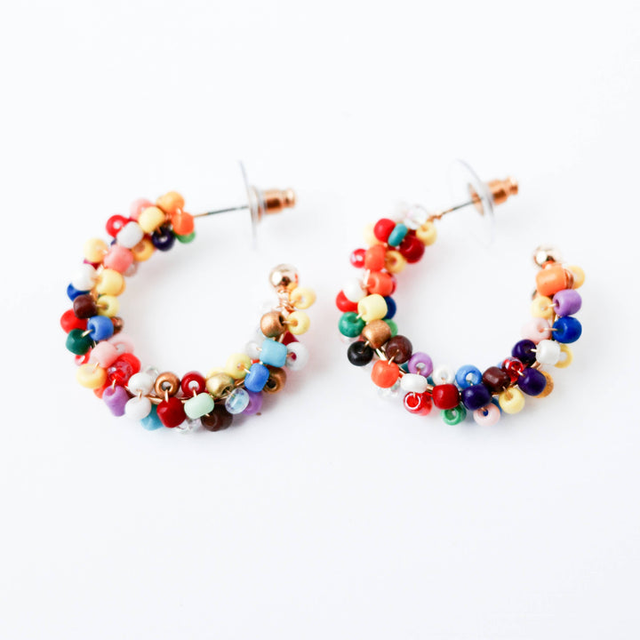 Multicolor Beaded Silver C-Hoop Earrings
