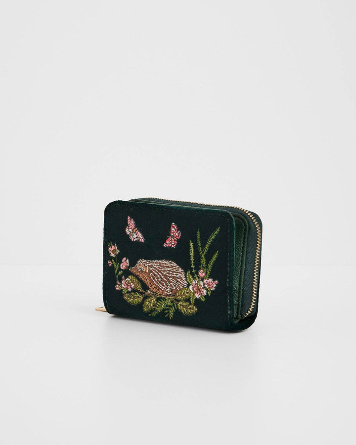 Hedgehog Embroidered Small Wallet in Forest Green Velvet