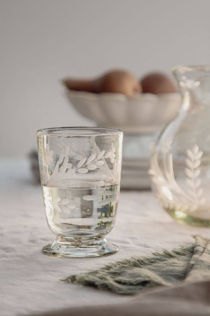 Hand-Etched Blown Footed  Glass