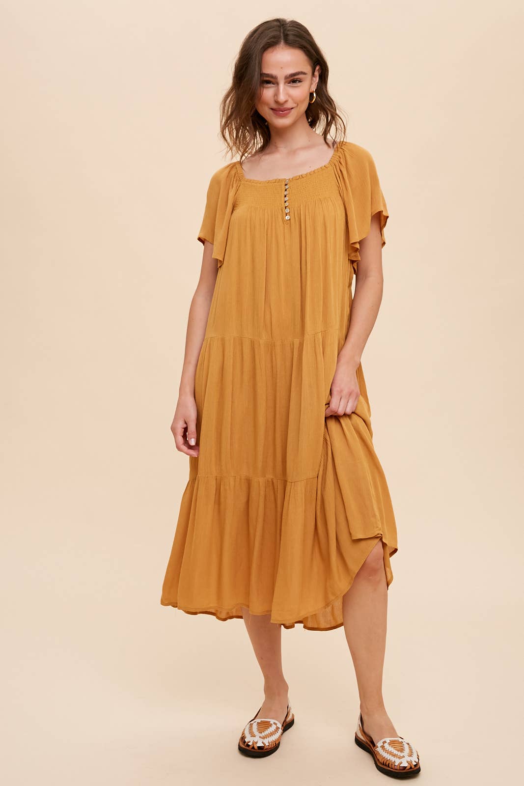 Smocked Flutter Sleeve Midi Dress in Marigold