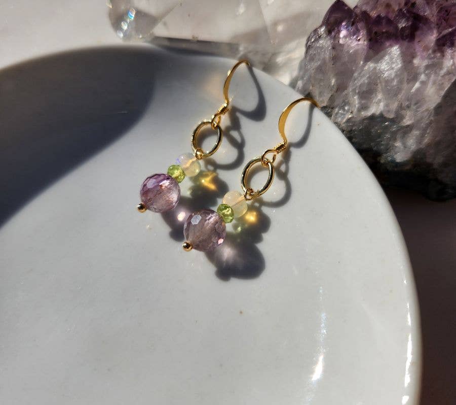 Light Amethyst, Peridot and Ethiopian Opal Gold Ringlet Earrings