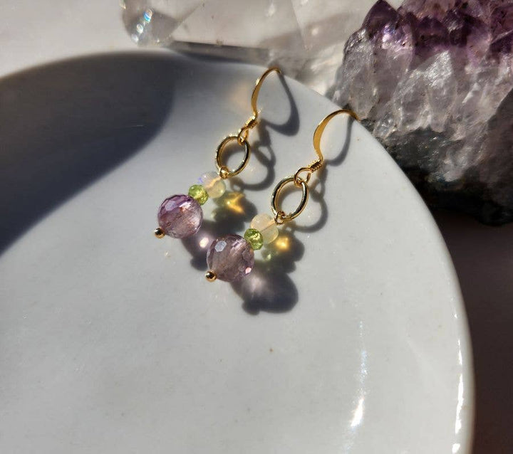 Light Amethyst, Peridot and Ethiopian Opal Gold Ringlet Earrings