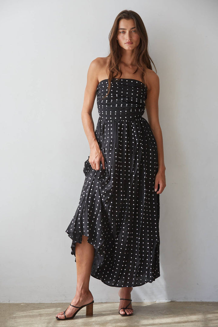 Black &amp; White Polka Dot Strapless Midi