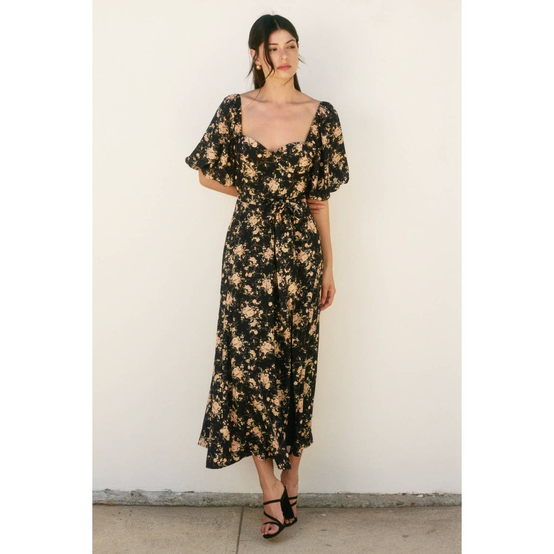 Black Petal Puff Sleeve Dress