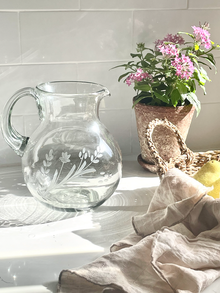 Hand-Etched Blown Large Pitcher