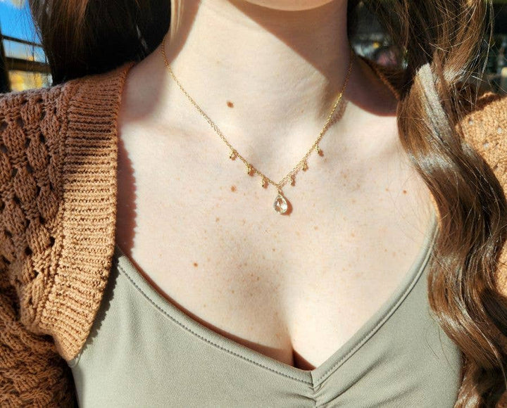 Green Amethyst and Yellow Crystal Gold Fringe Necklace