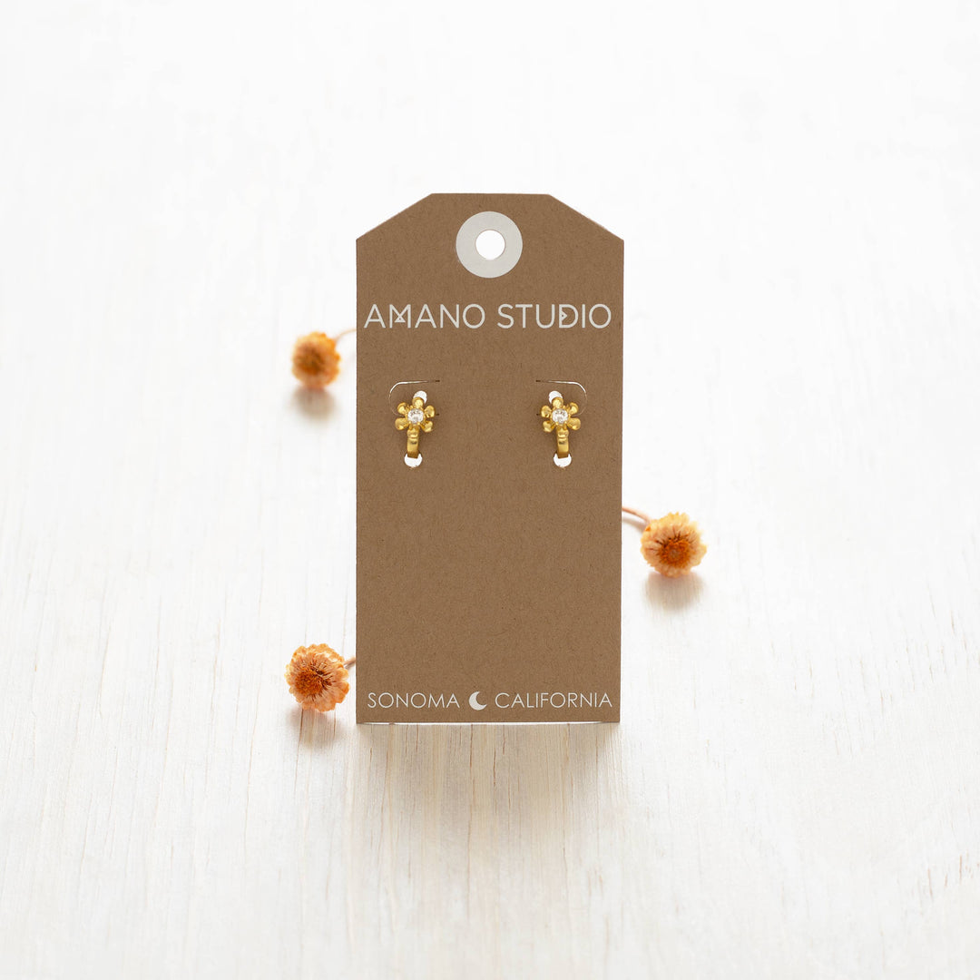 Gold Daisy Flower Huggie Hoop Earrings