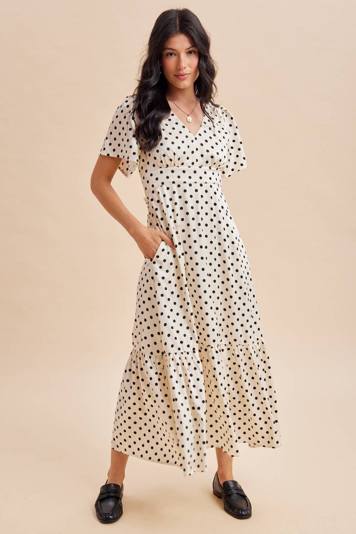 Polka Dot Flutter Sleeve Maxi Dress in Creme