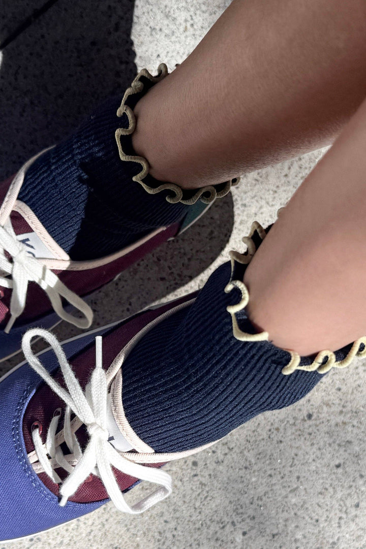 The Petite Ruffled Modal Socks in Navy/Butter