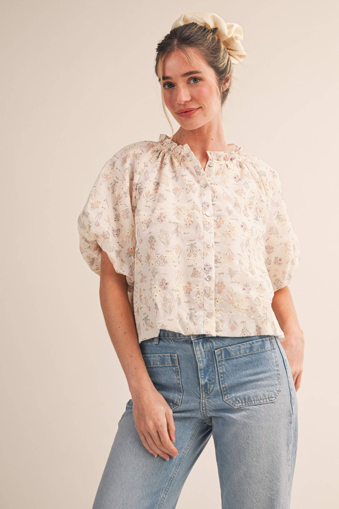 Ivory Floral Print Eyelet Bubble Top