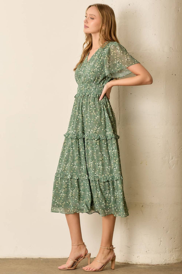 Floral Printed V-Neck Midi Dress