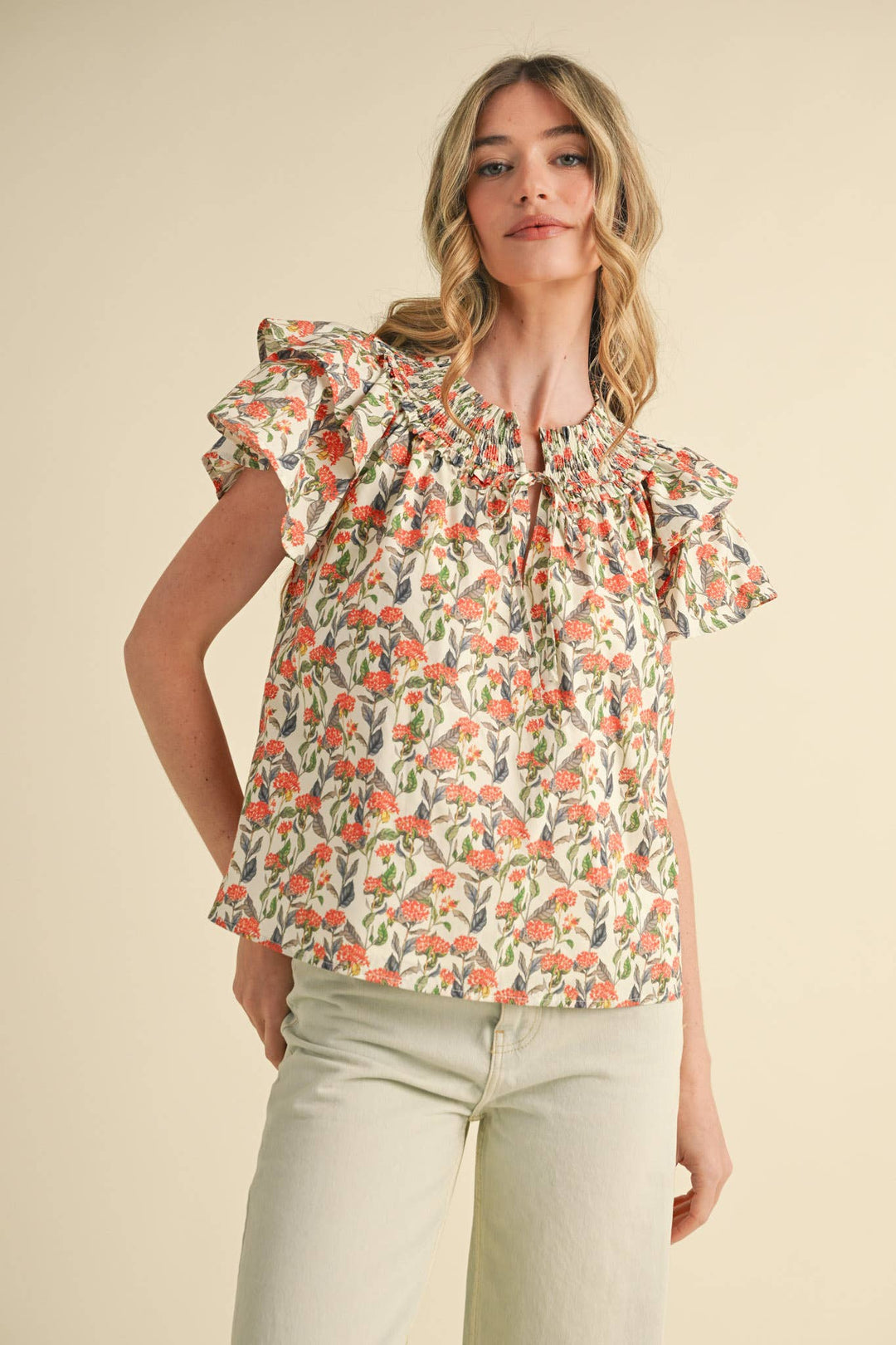 Floral Flutter Sleeve Smocked Top in Ivory