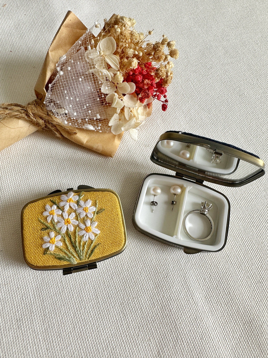 Floral Embroidered Rectangle Mini Jewelry Box With Mirror, 5 Styles