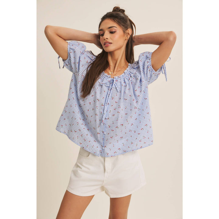 Summer Cherry Gingham Ruffled Blouse