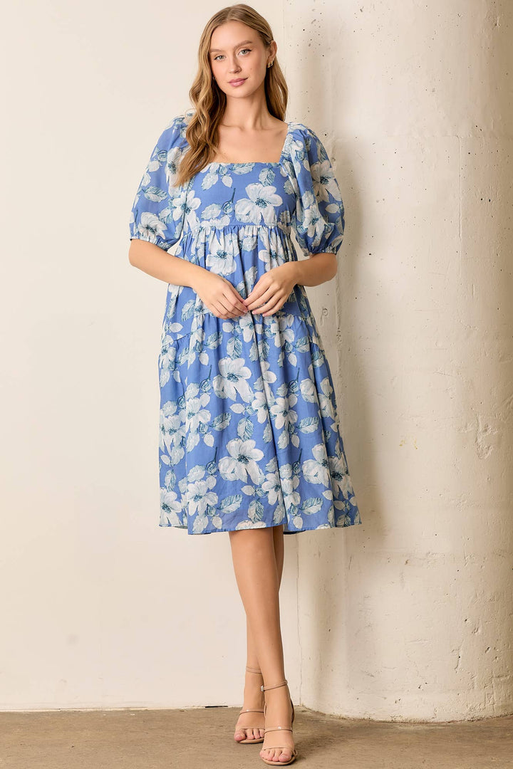 Blue Floral Square Neck Midi Dress