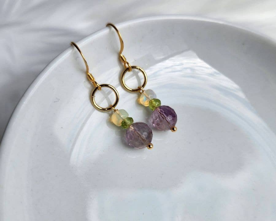 Light Amethyst, Peridot and Ethiopian Opal Gold Ringlet Earrings