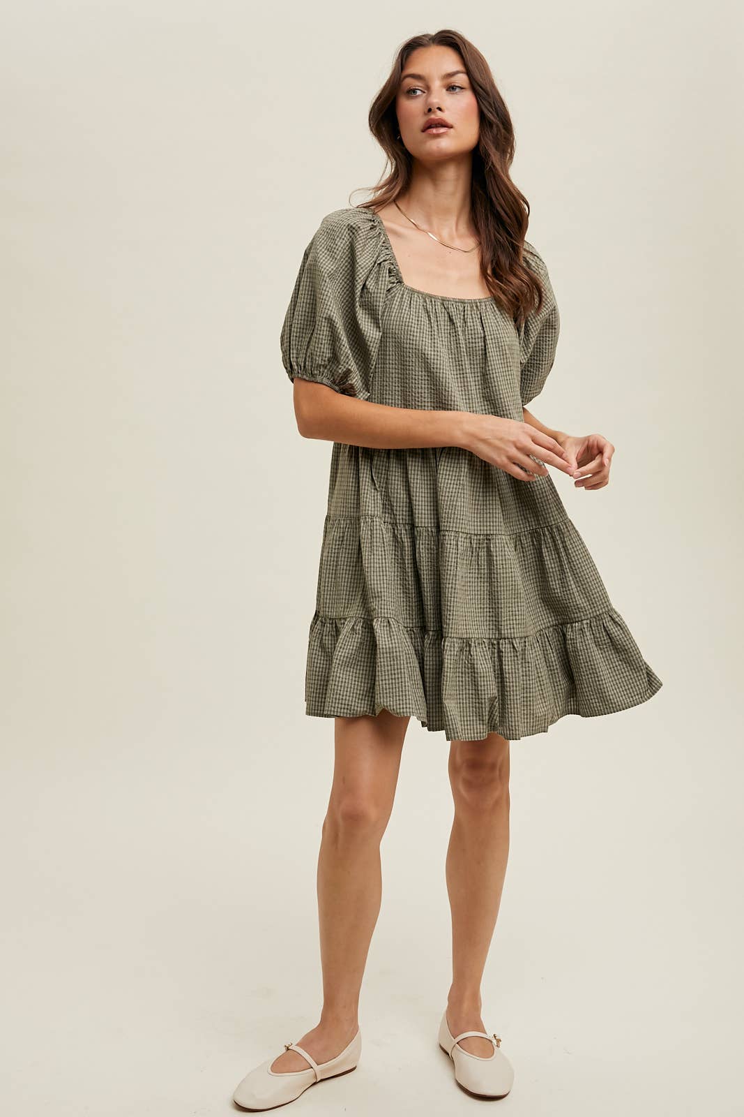 Olive Gingham Puff Sleeve Mini Dress