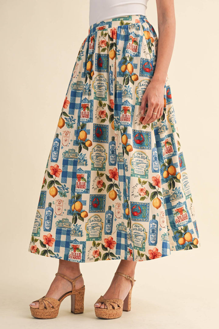 Vintage Print Midi Skirt