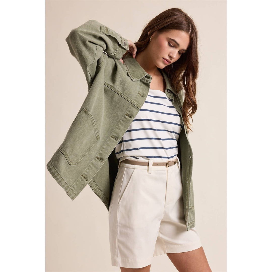 Denim Button Up Jacket in Olive