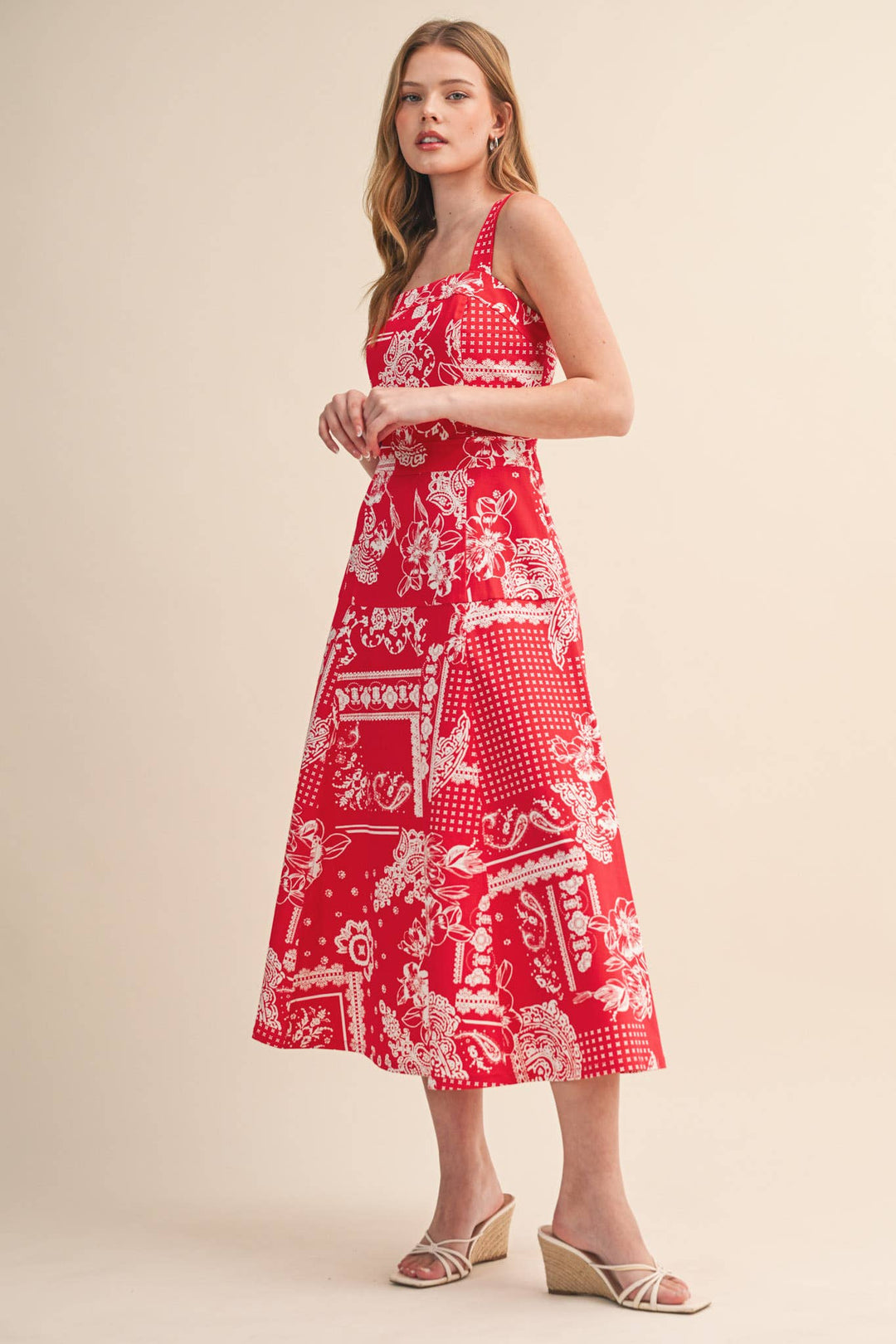 Floral Paisley Print Midi Dress in Red