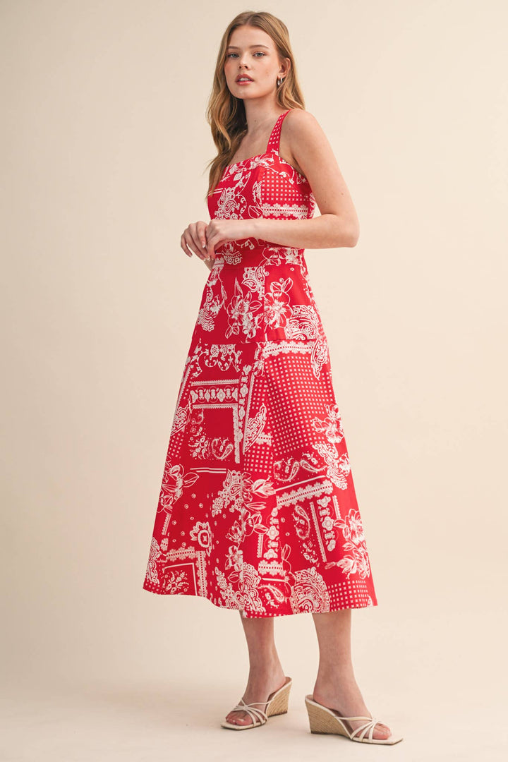 Floral Paisley Print Midi Dress in Red