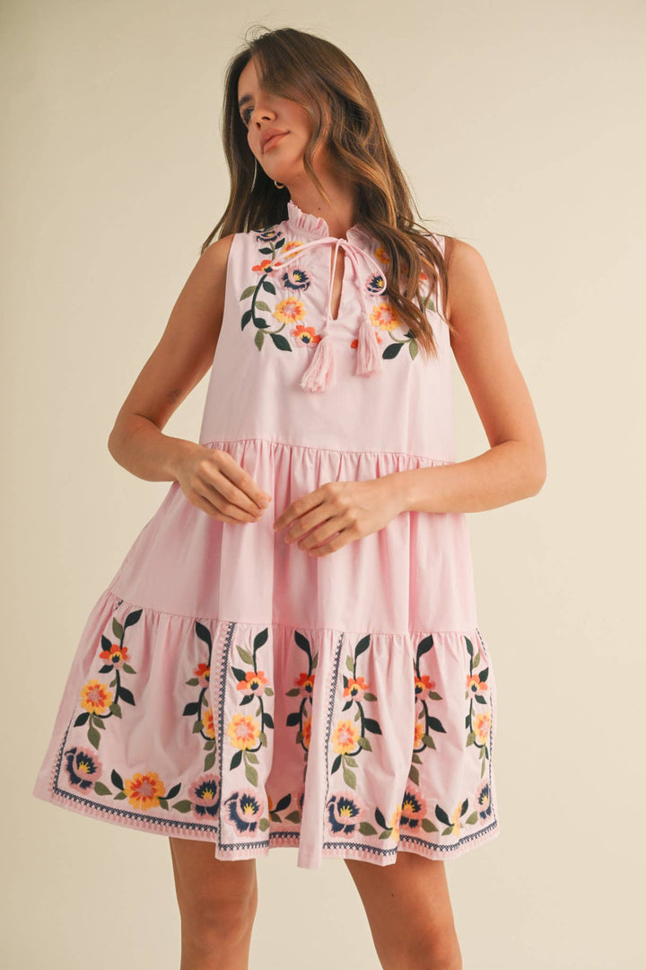 Pink Embroidered Mini Dress