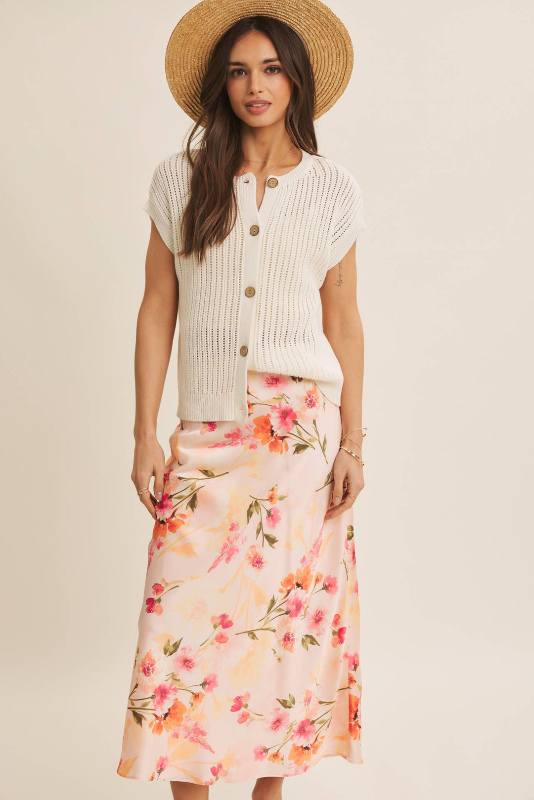 Floral Satin Bias Midi Skirt