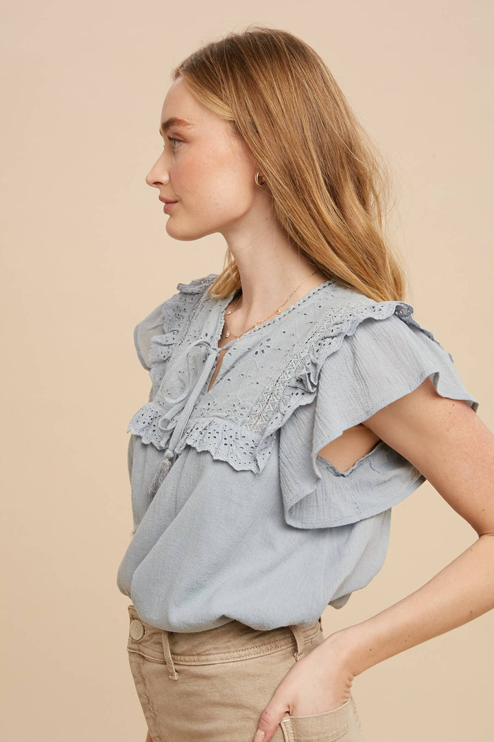 Eyelet Flutter Sleeve Tie Front Blouse