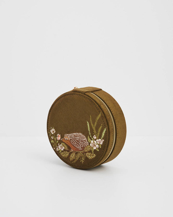 Hedgehog Embroidered Round Jewelry Box in Khaki Suedette