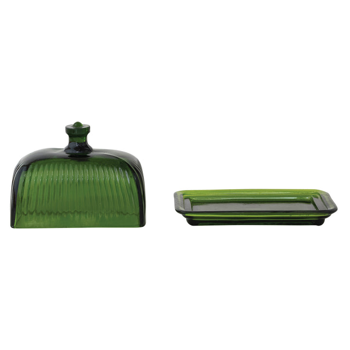 Pressed Ribbed Glass Butter Dish, Green